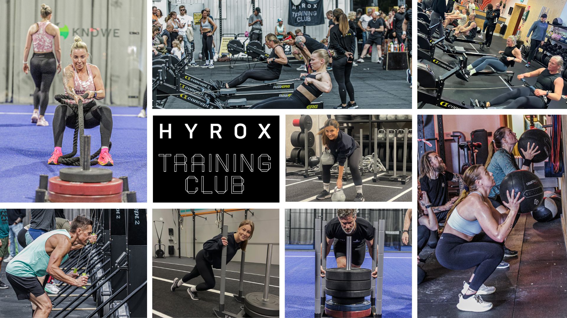 Bildcollage som presenterar 'OFFICIAL HYROX GYM' hos Endorfin, med träningsanläggningar i Alingsås och Lerum. Översta raden visar tre bilder: till vänster en kvinna som tränar med en roddmaskin, i mitten en rad med människor som använder roddmaskiner i synkroniserad takt, till höger några deltagare som utför box jumps. Nedre raden: till vänster en kvinna som gör en battlerope-övning, i mitten en kvinna i rörelse på en löpbandsträning, och till höger ser vi en låg vinkelvy av en sprintbana. Centralt i collage är 'OFFICIAL HYROX GYM' logotypen i gult och vitt mot en svart bakgrund, vilket förstärker Endorfins varumärkesidentitet.